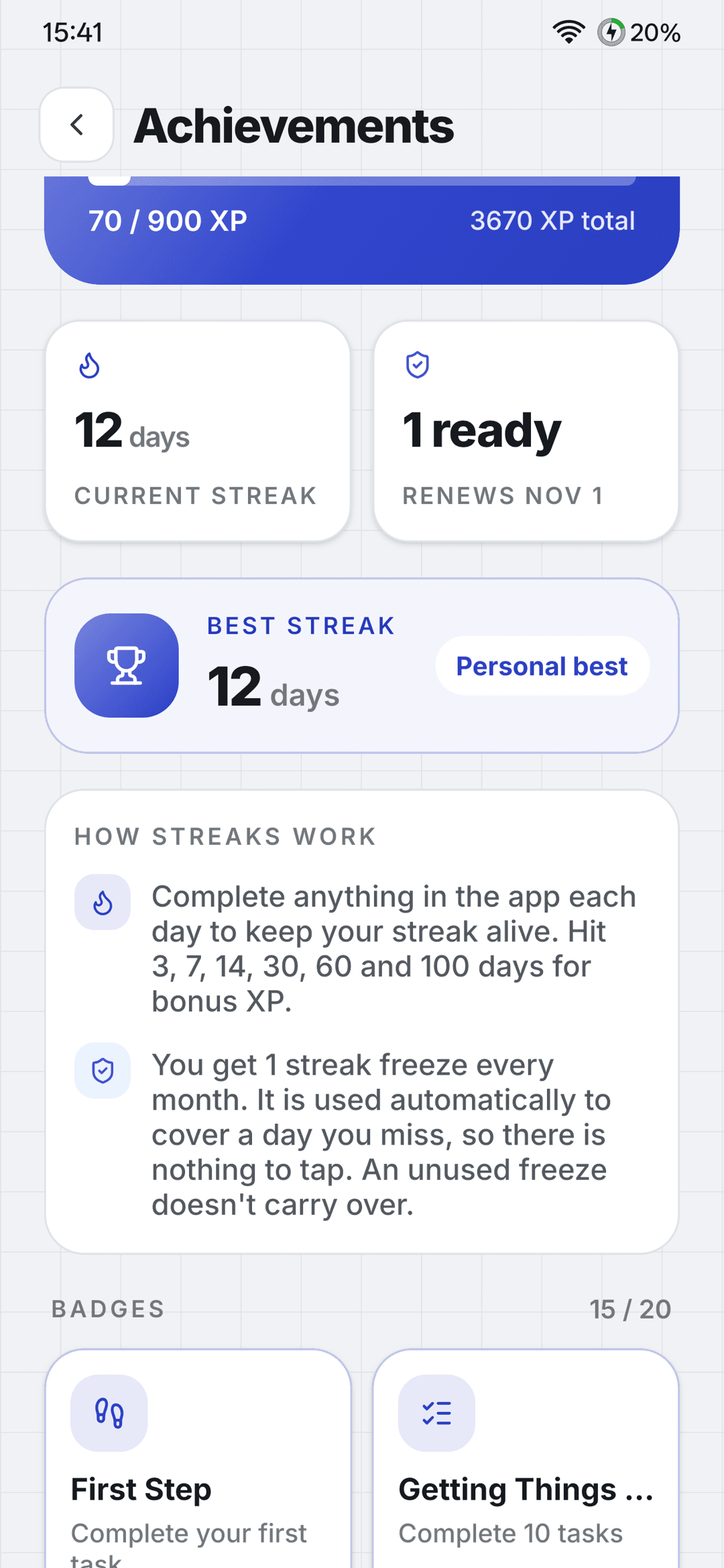 Achievements screen with XP, level and badges