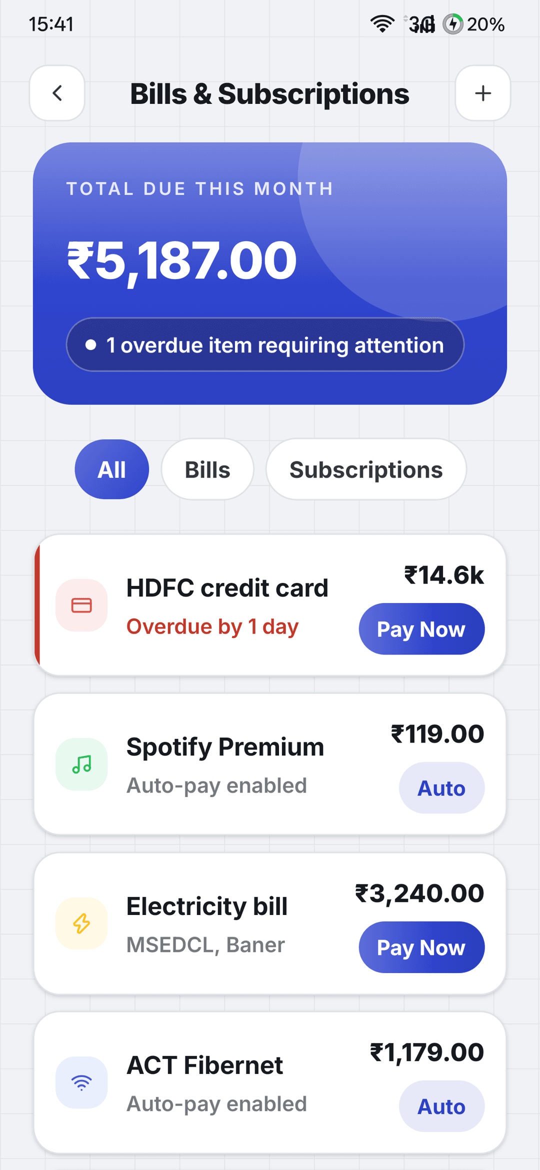 Bills and subscriptions with due dates and payment history