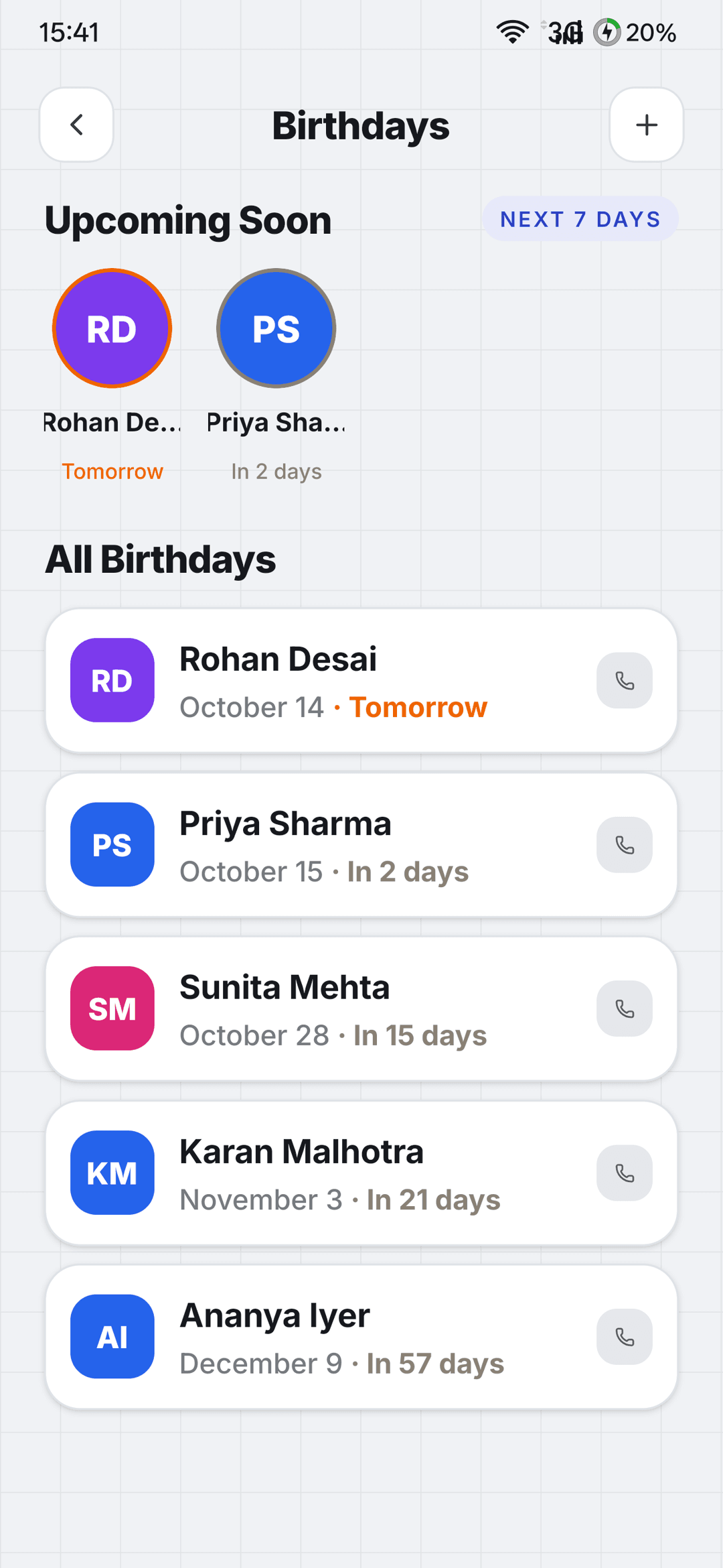 Birthday reminders with countdowns and call and WhatsApp shortcuts