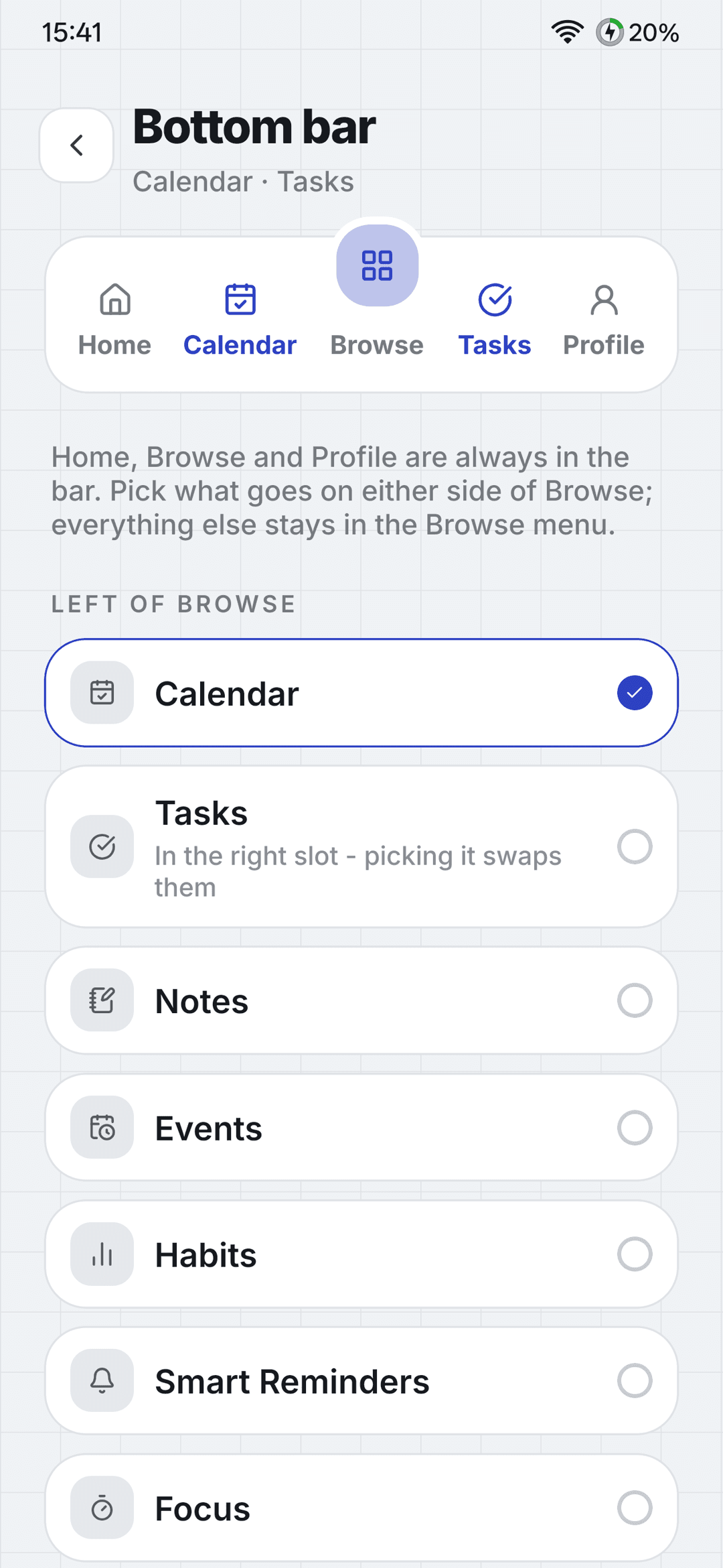 Bottom bar configuration settings