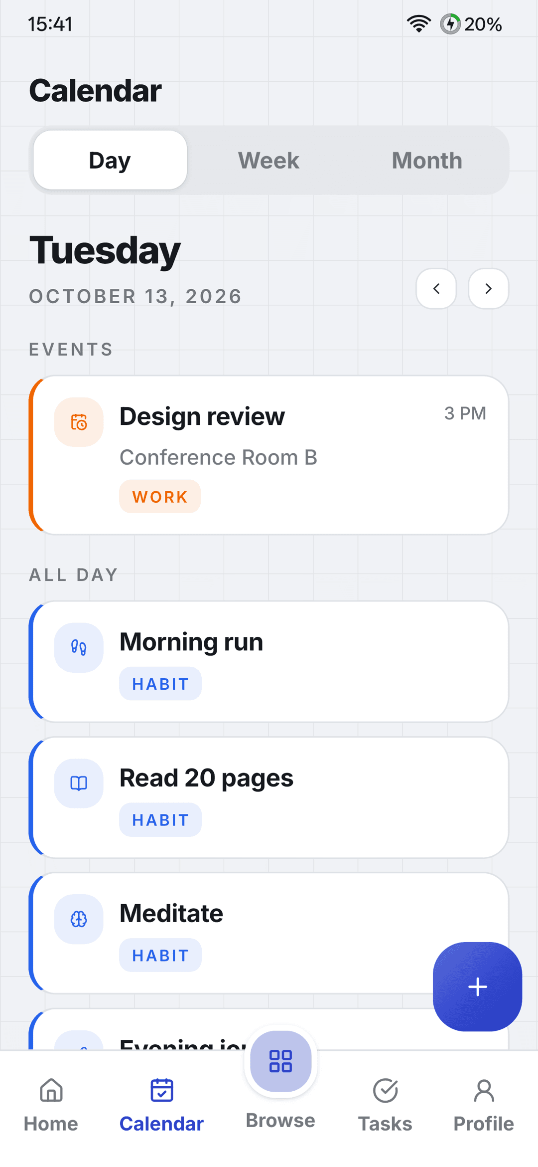 Calendar day view with timed events and tasks