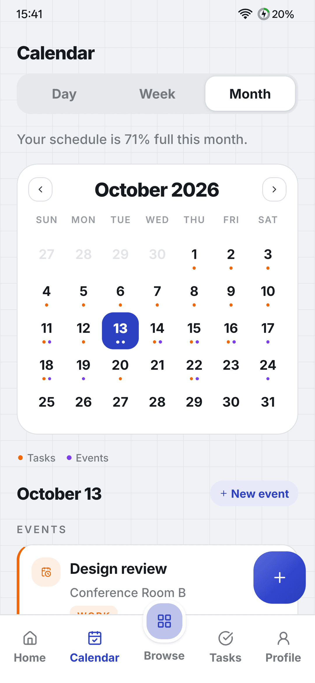 Calendar month view with events and tasks