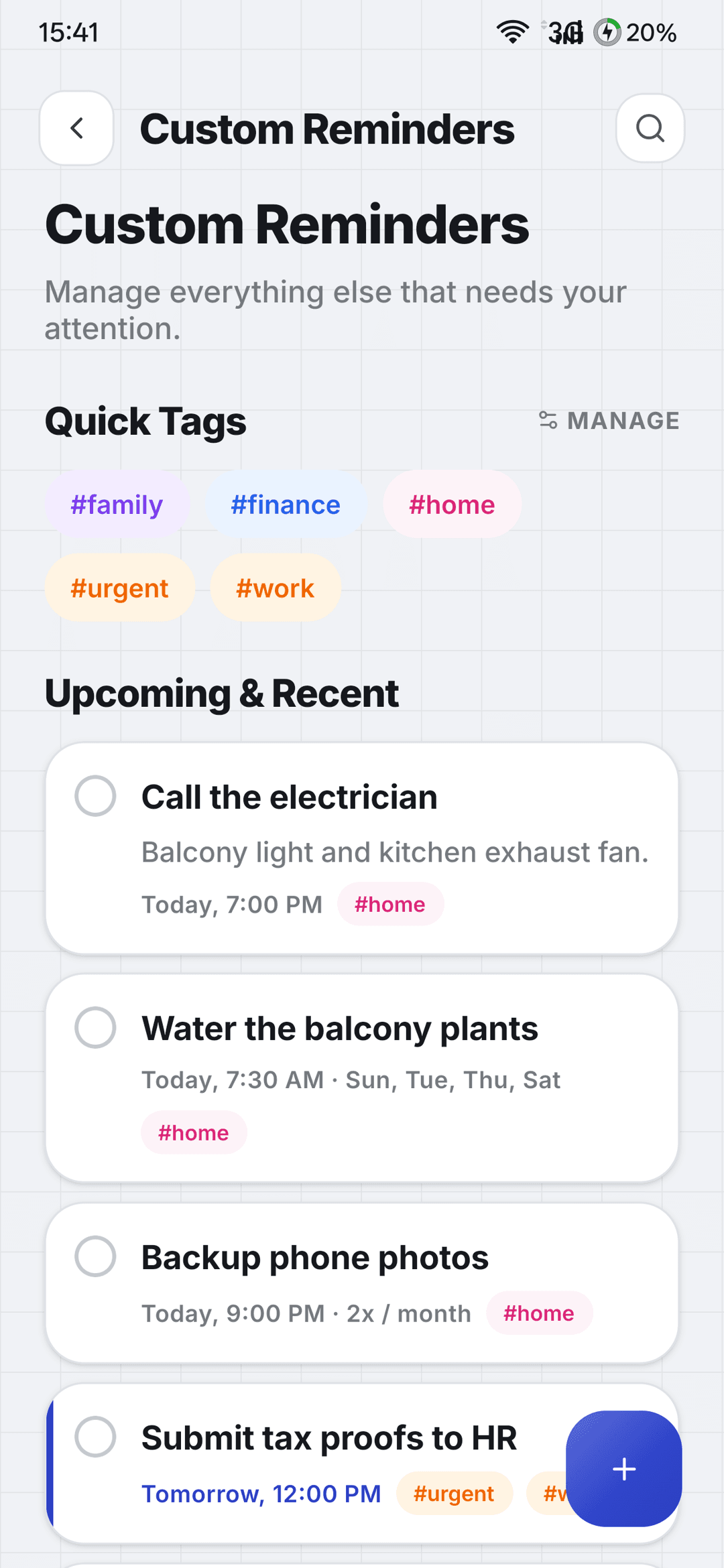 Custom reminders organised with your own tags