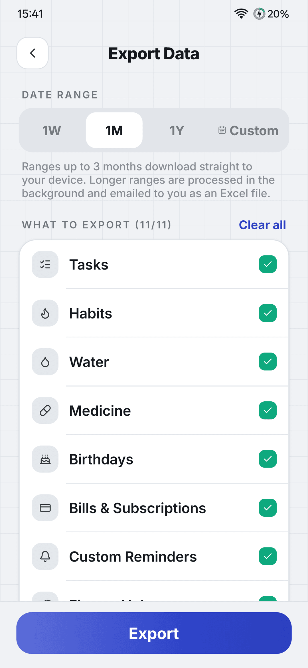 Export data to Excel screen