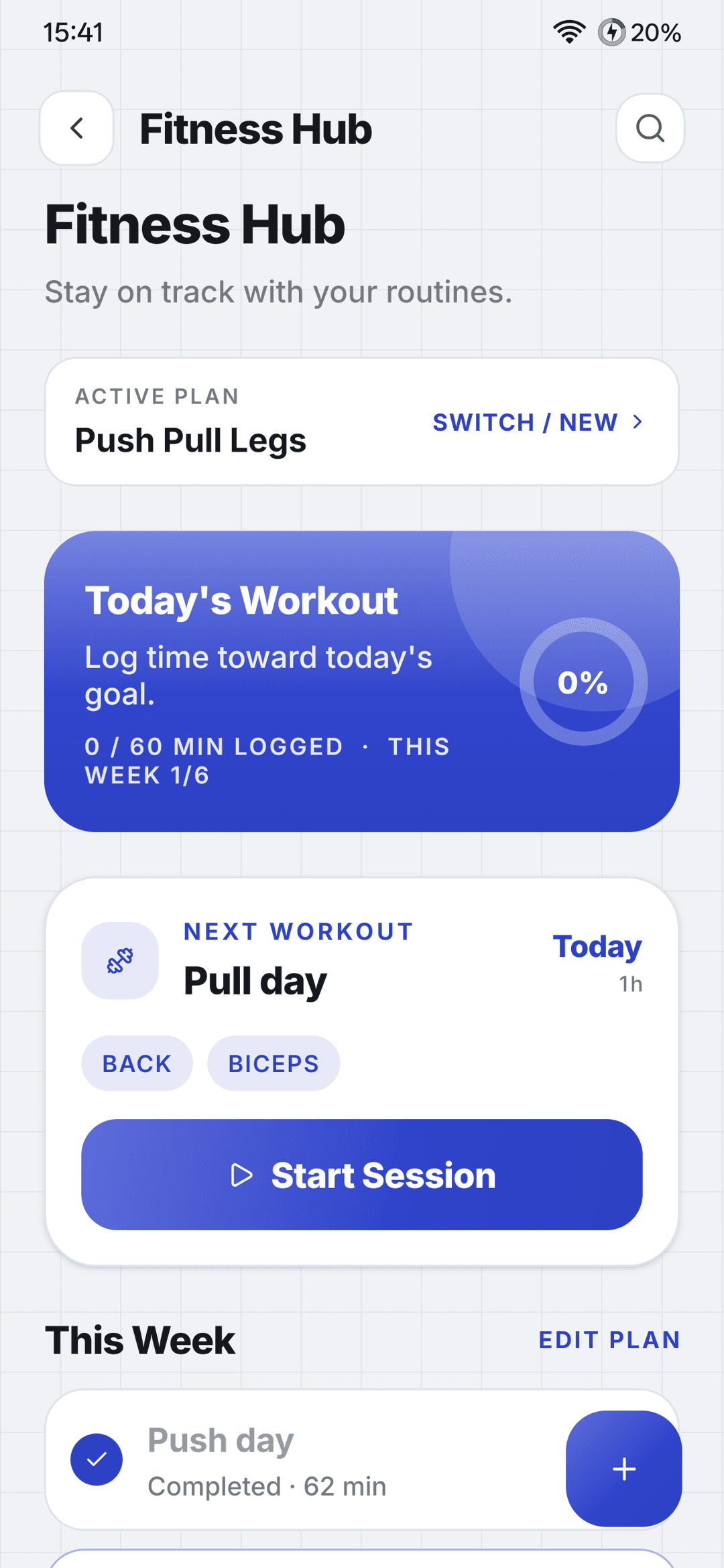 Fitness hub with workout plans, scheduled days and a session stopwatch