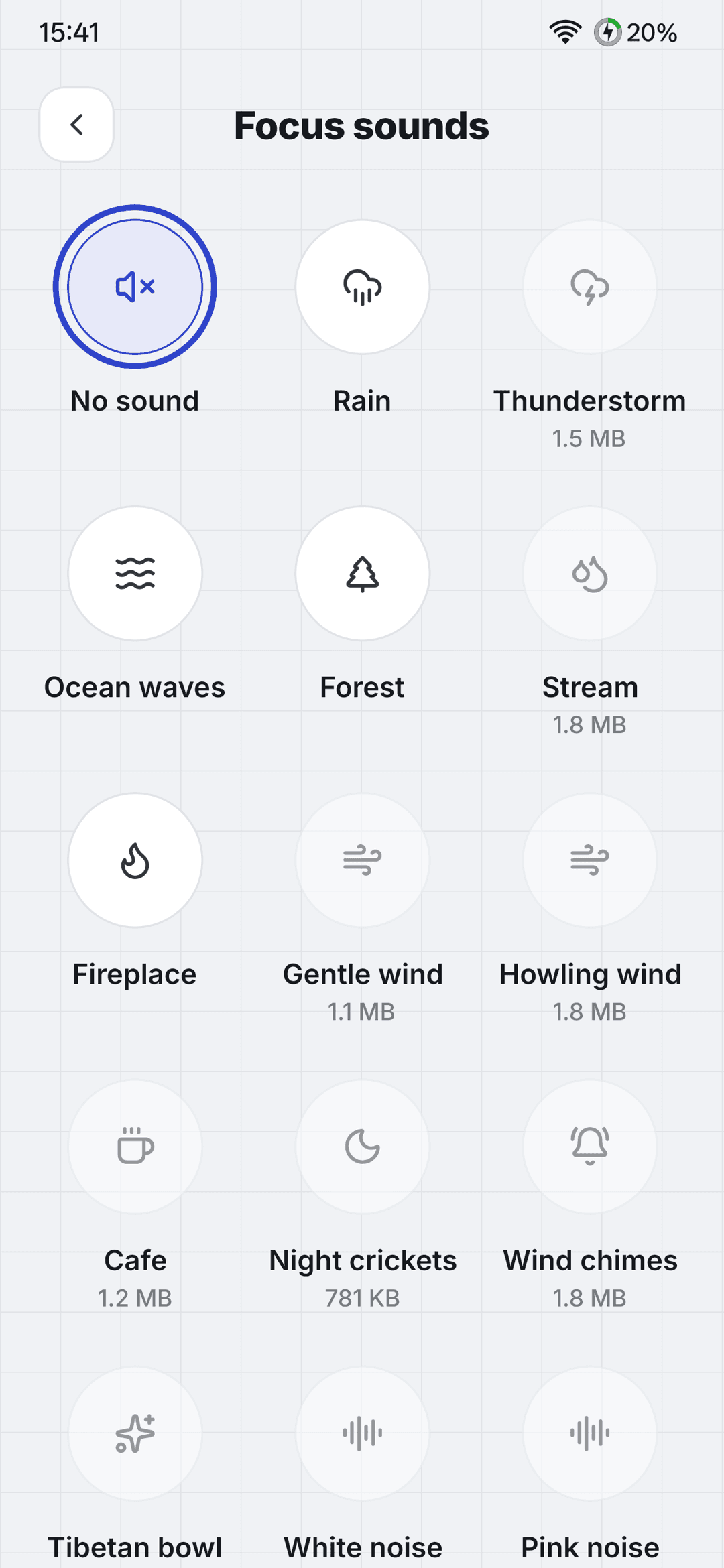 Ambient sound picker with rain, forest, waves and white noise