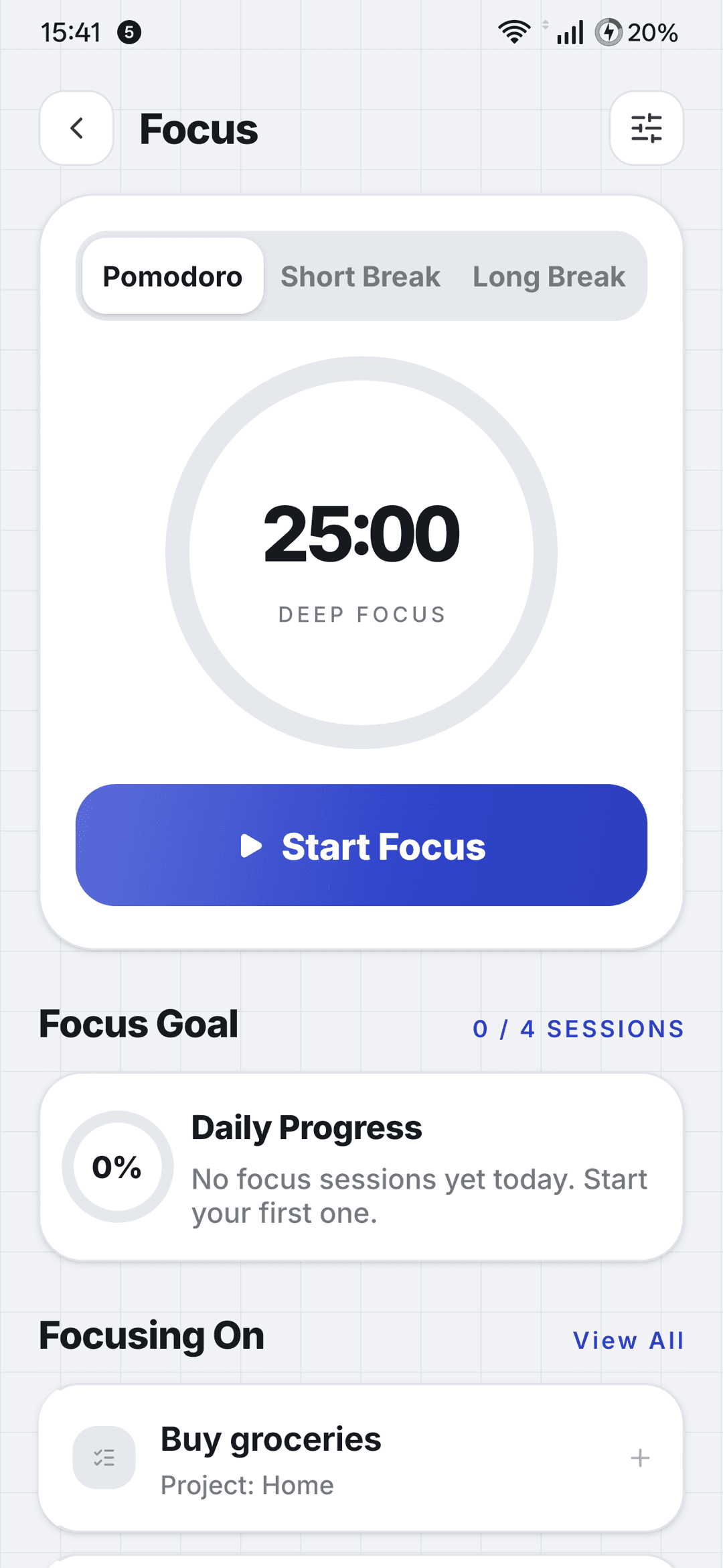 Pomodoro focus timer with a session goal and the task being focused on