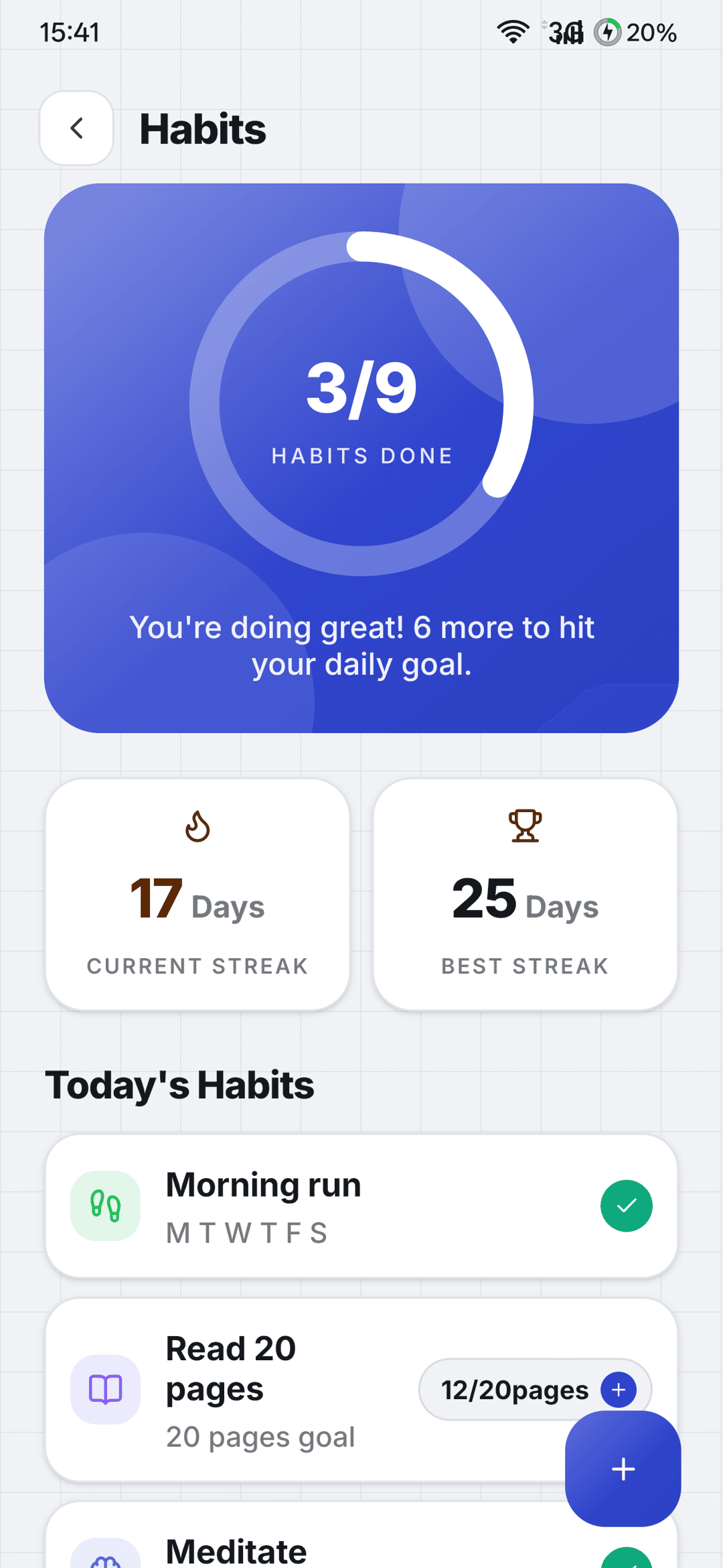 Habit list with today's check-ins and current streaks