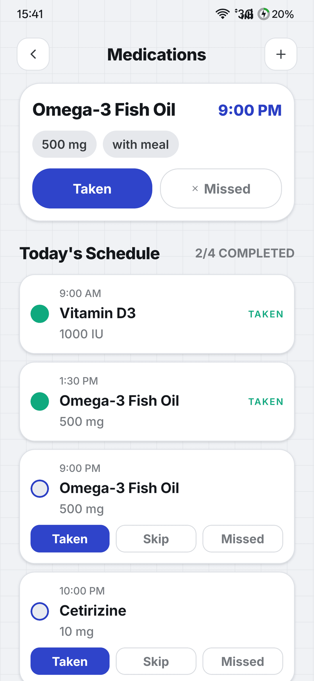 Medicine reminder with dosage, meal timing and taken or skipped status