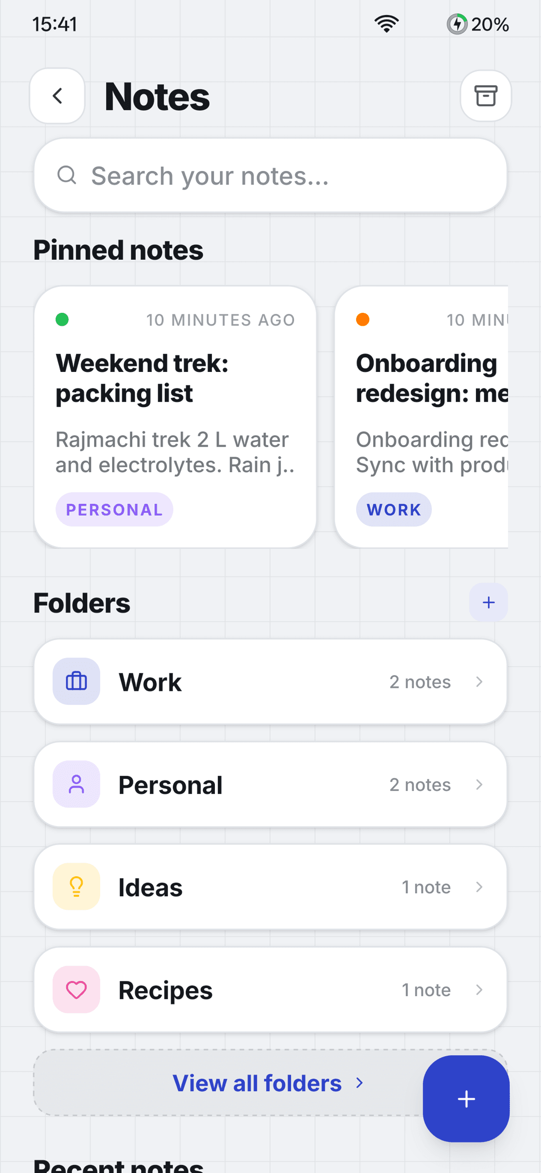 Notes organised in folders with colors and pinned notes