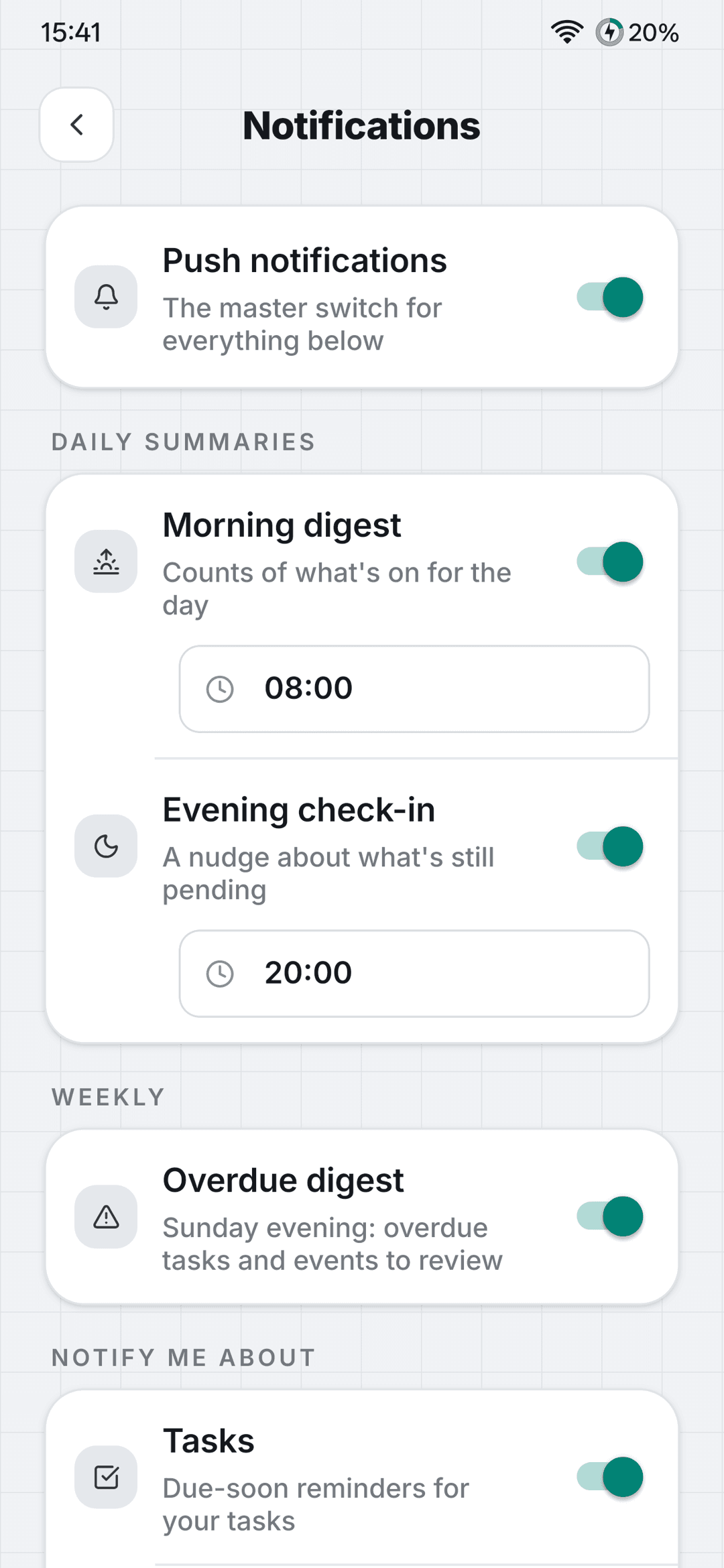 Notification settings with per-category switches and daily summaries