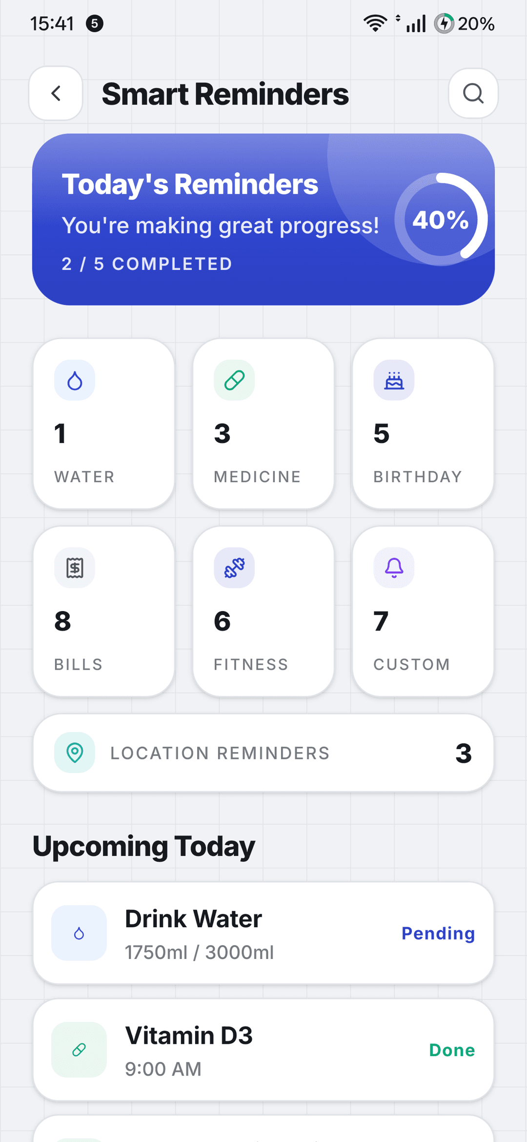 Smart reminders hub with medicine, birthday, bill, custom and place reminders