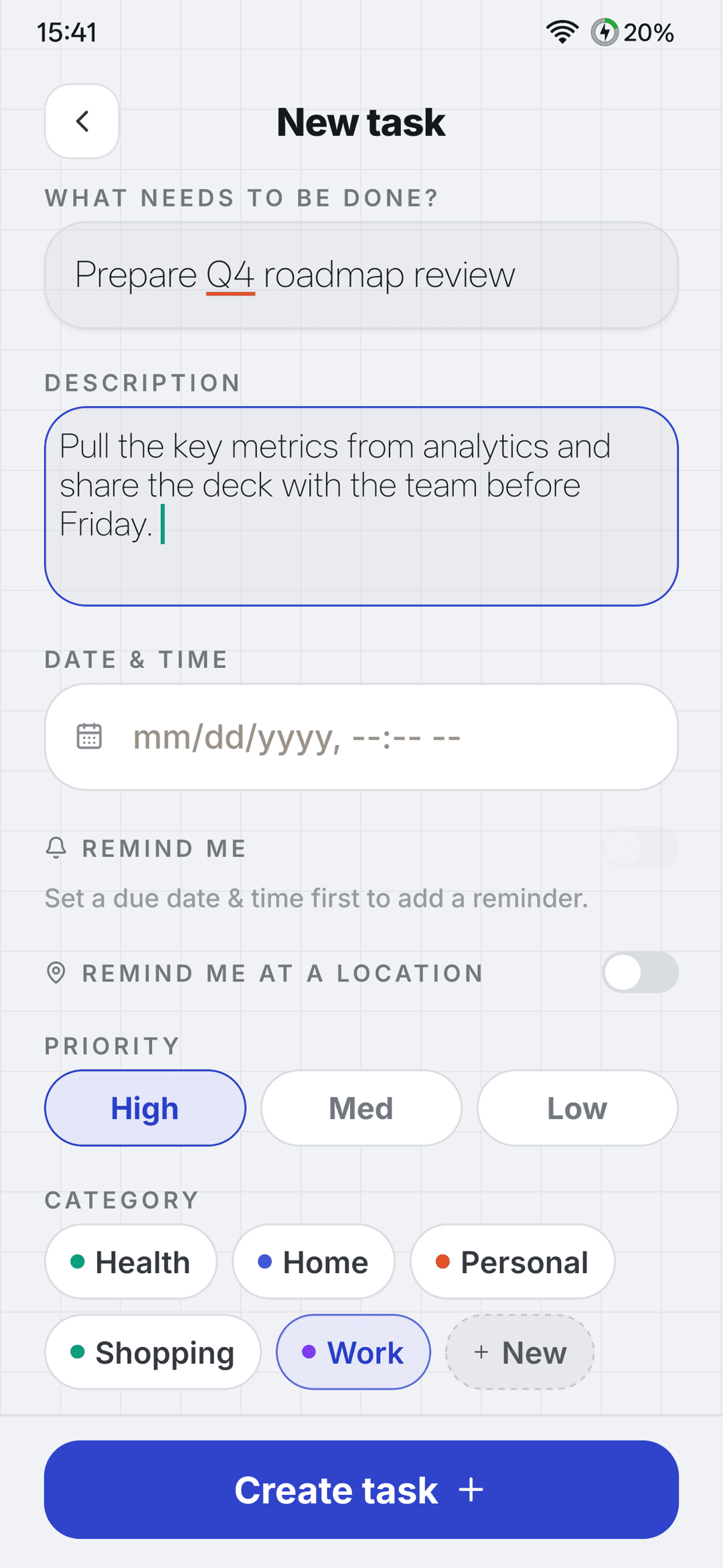Creating a task with subtasks, a due time and a repeat reminder