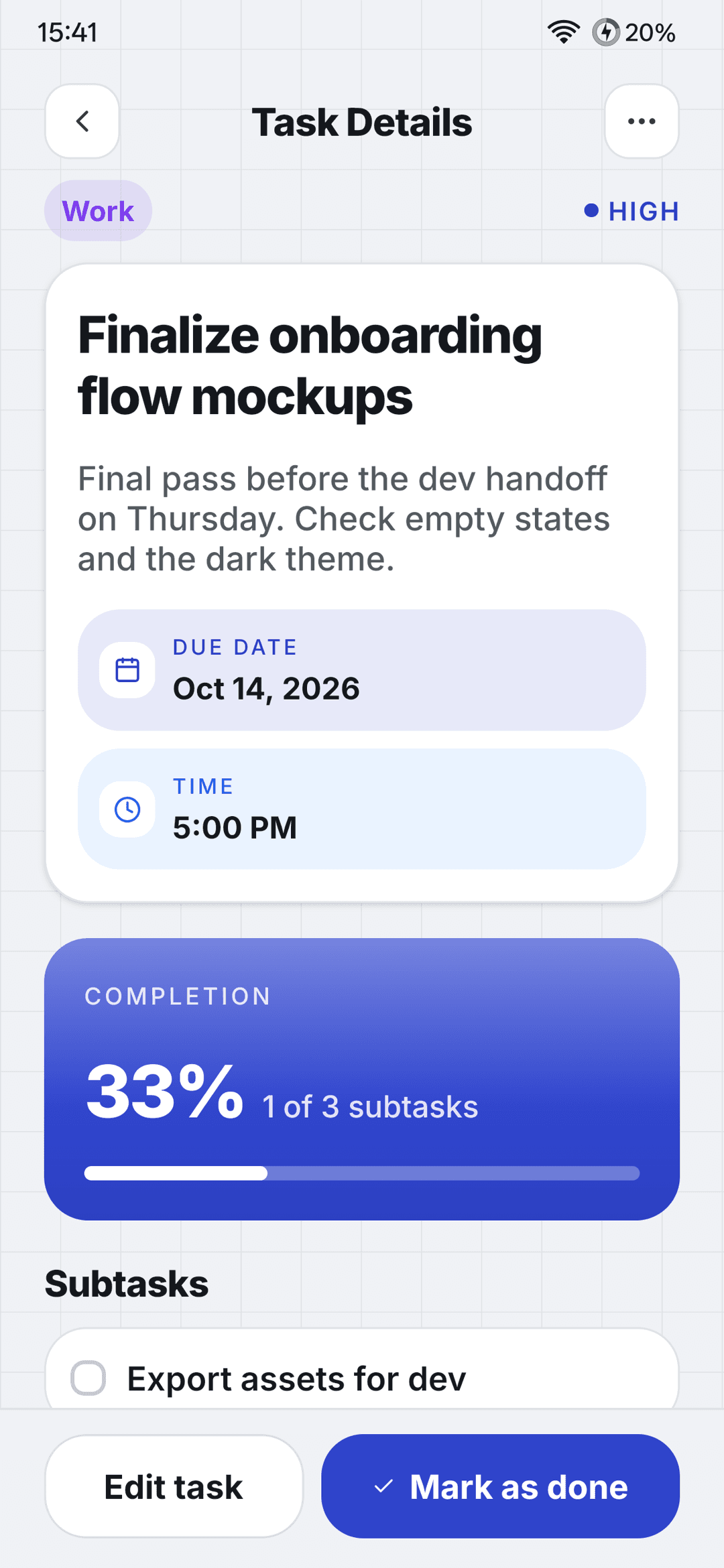 Task detail with subtasks, attachments and a keep-reminding setting