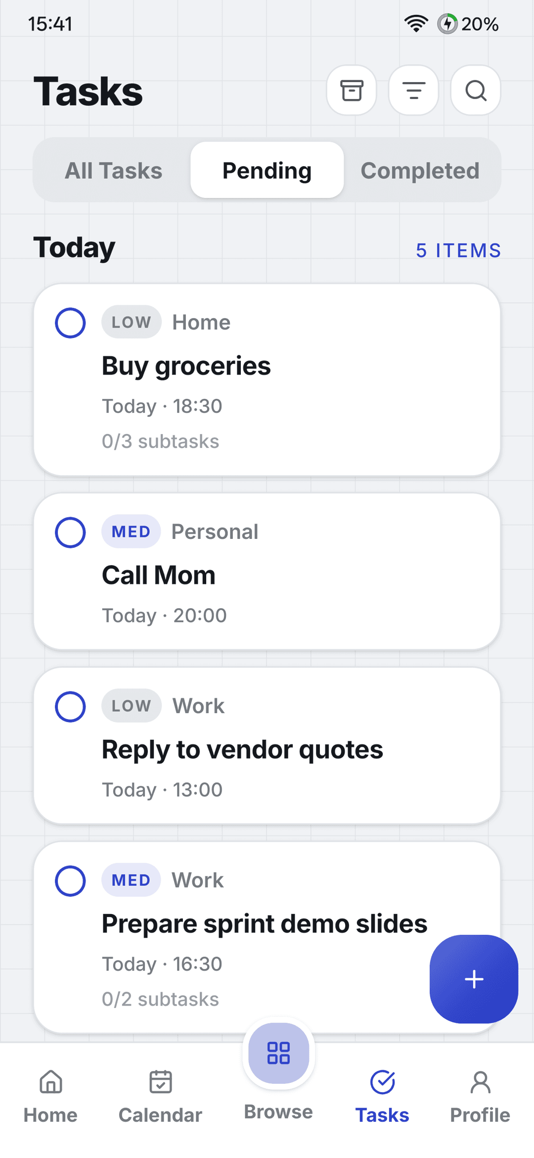 Task list with priorities, categories and due dates