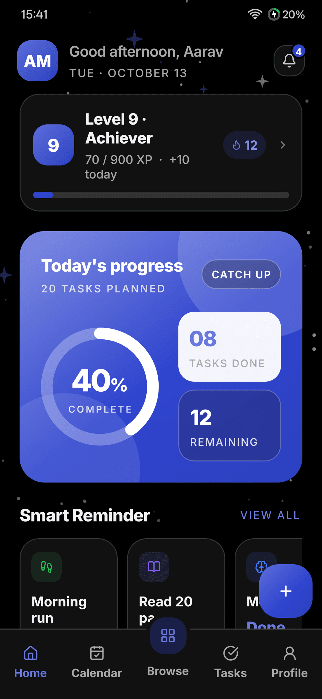 MaxPlanner home screen in dark mode