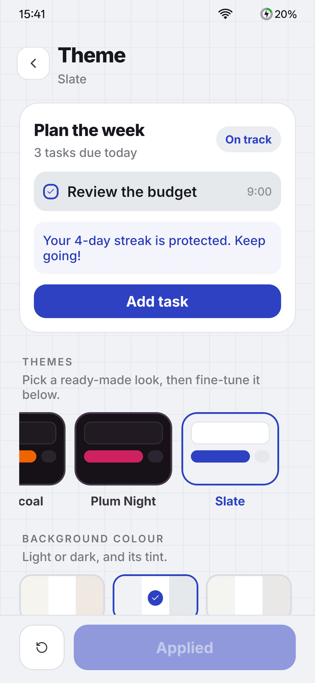 Theme picker with ready-made presets and color options