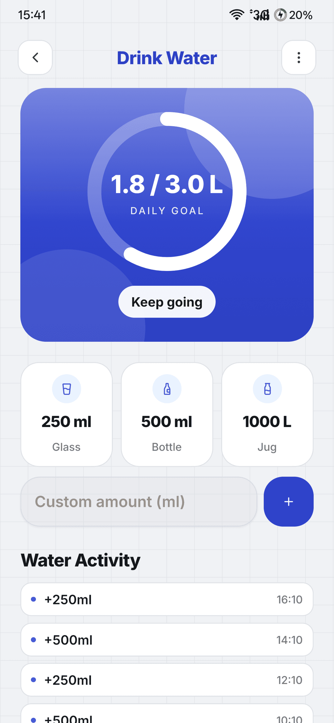 Water tracker with a daily goal and interval reminders