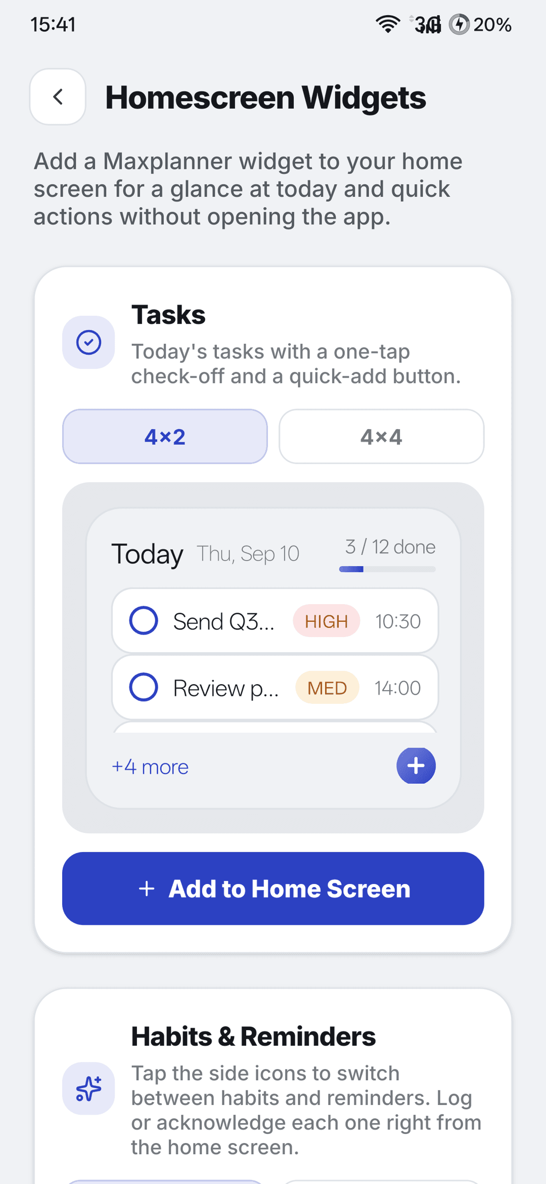 Android home screen with MaxPlanner task, habit and timer widgets